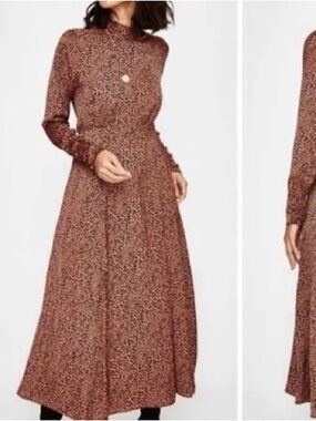 Free People Leopard Print Long-Sleeve Cut Out Maxi Silk Dress